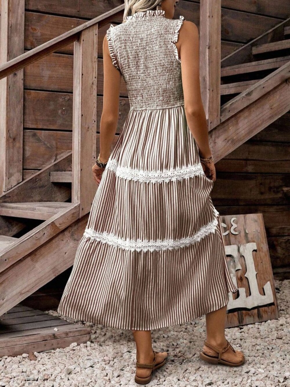 Brown Casual Women's Sleeveless Striped Frill Hem maxiDress - Picture 2 of 6